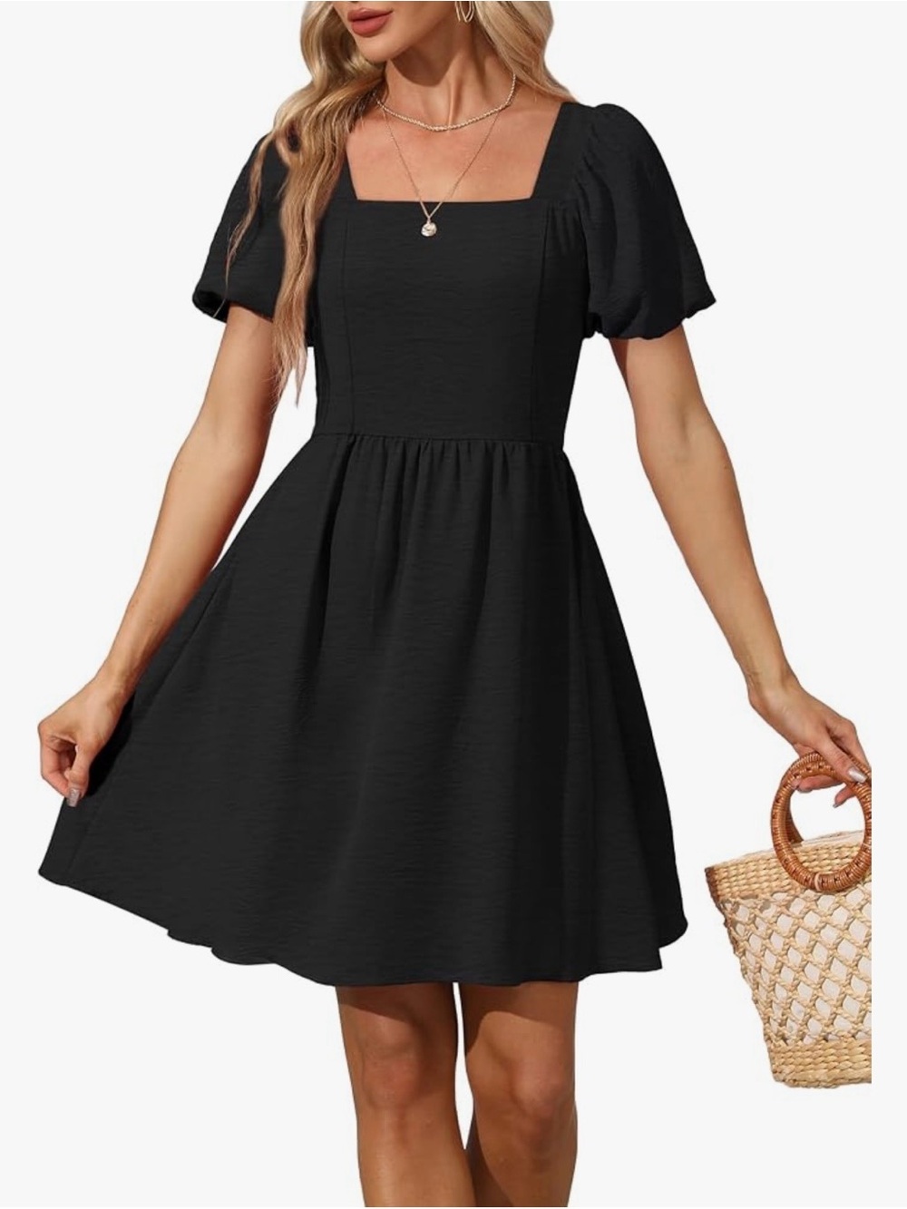 OFEEFAN Black Puff Sleeve Square Neck Tie Back Mini Dress size medium